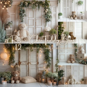 May include: Rustic Chic Teddy Bear - 12 JPG Digital Cake Smash Backdrops.  A collection of digital backdrops featuring a white wooden door with shutters, greenery, and a teddy bear.