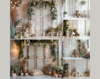 Może przedstawiać: Rustic Chic Teddy Bear - 12 JPG Digital Cake Smash Backdrops. Zbiór cyfrowych tła z białymi drewnianymi drzwiami z okiennicami, zielenią i pluszowym misiem.