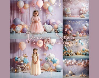Tło fotograficzne „Marzycielskie gwiazdy”, urodziny dziecka, pastelowy róż (pobranie cyfrowe)