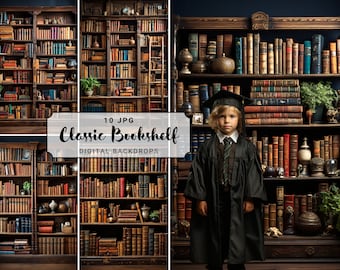 Classic Bookshelf Digital Photography Background Graduation Photography Backdrops Vintage Books Digital Backdrop Graduation Photoshooting