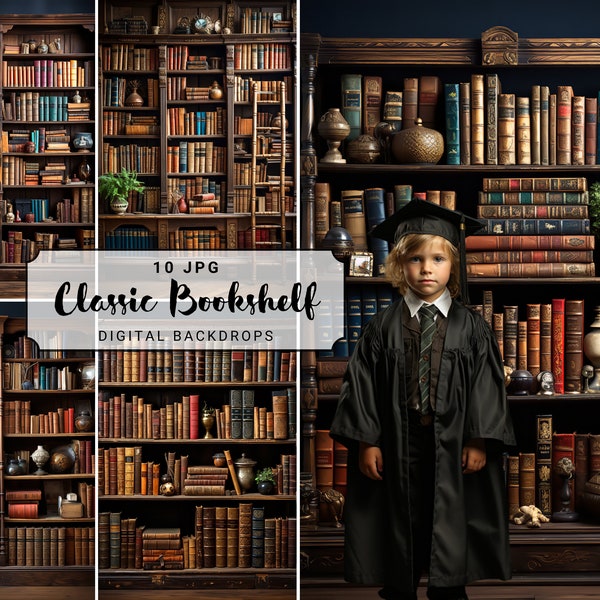 Classic Bookshelf Digital Photography Background Graduation Photography Backdrops Vintage Books Digital Backdrop Graduation Photoshooting