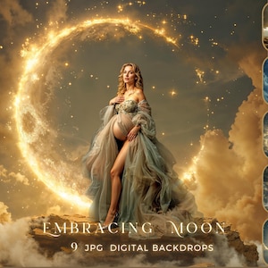 Puede incluir: Un fondo digital con una mujer con un vestido fluido, de pie frente a un círculo brillante en forma de luna en un cielo nublado. El texto "EMBRACING MOON" y "9 JPG DIGITAL BACKDROPS" son visibles.