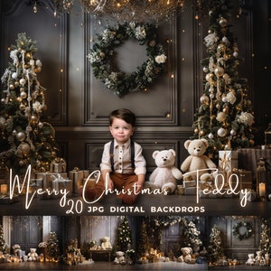 Ours en peluche de Noël, toile de fond numérique, fond de Noël, gâteau de vacances, smash, superposition, photographie de Noël, toile de fond composite numérique