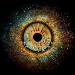 May include: A digital art image of a human eye iris overlay. The iris is a mix of brown and blue, surrounded by a golden and teal galaxy effect. The text "Eye Iris Overlay" is visible.