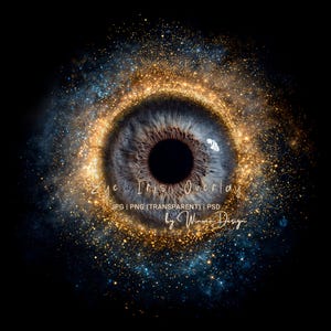 以下が含まれることがあります： 詳細な青と茶色の虹彩を持つ目の虹彩オーバーレイ。金と青の輝きの効果が黒い背景に施されています。「Eye Iris Overlay」のテキスト、ファイルの種類情報、デザイナー名が表示されています。