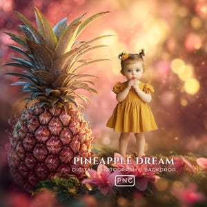 May include: A digital photography backdrop featuring a large pineapple and a young child in a mustard-colored dress. The backdrop has a soft, blurred background with pink and gold tones, and the text "PINEAPPLE DREAM" is visible.