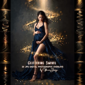 May include: A woman in a dark blue maternity gown poses against a dark background with golden bokeh and swirling light effects. The image is an advertisement for 20 JPG digital photography overlays, titled "Glittering Swivel" by Winner Design.