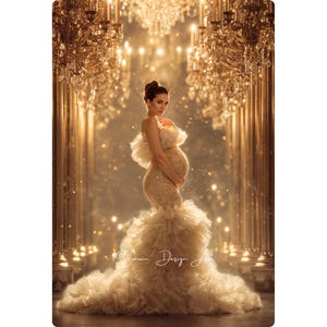May include: A woman in a gold maternity gown with a ruffled skirt and bodice, posing in a grand hall with ornate chandeliers and columns. The dress has a fitted silhouette and a flowing, layered skirt. The image is bathed in warm, golden light.