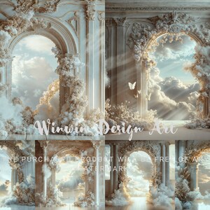 May include: A digital backdrop featuring four ornate archways with white flowers and clouds. The archways lead to a sky with fluffy clouds and sunbeams. The text "Winwin Design Art" is visible in the center of the image.