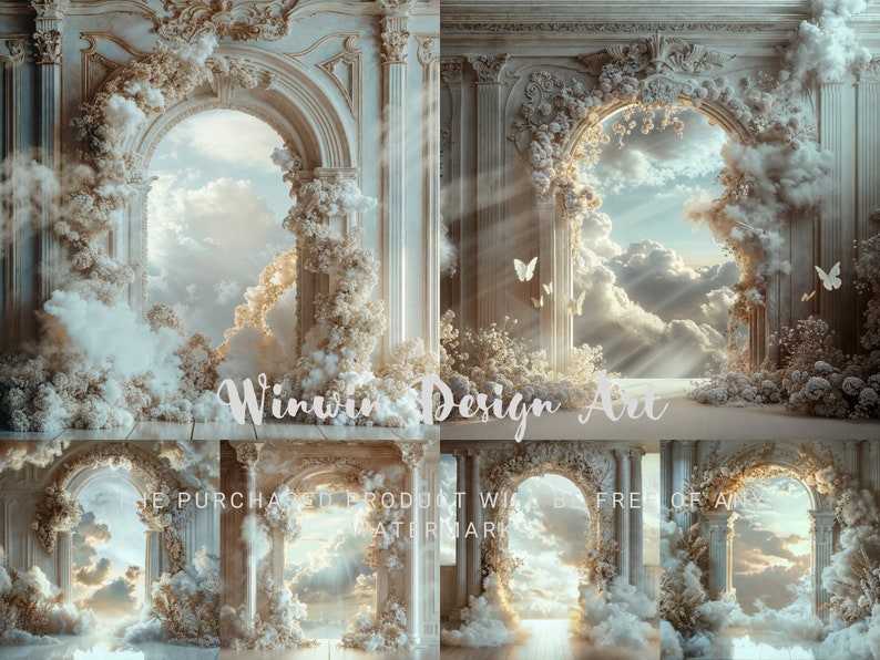 May include: A digital backdrop featuring four ornate archways with white flowers and clouds. The archways lead to a sky with fluffy clouds and sunbeams. The text "Winwin Design Art" is visible in the center of the image.