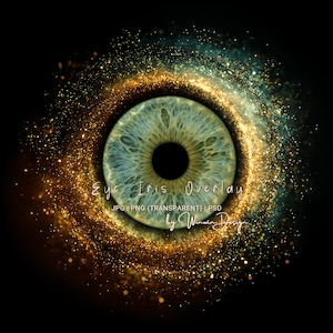 Puede incluir: Obra de arte digital que presenta una superposición del iris del ojo. El ojo es de color verde claro con una pupila negra, rodeado de un efecto de brillo dorado y verde azulado. Incluye el texto "Eye Iris Overlay".