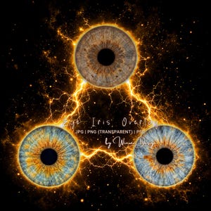 Könnte beinhalten: Drei menschliche Augeniriden in dreieckiger Anordnung, eine braun und zwei blau mit orangefarbenen Sprenkeln, umgeben von leuchtenden gelben Blitzen und Funken auf schwarzem Grund. Text: Eye Iris Overlay, JPG | PNG (TRANSPARENT) | PSD, by Winwin Design.