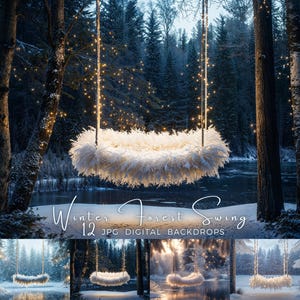 Photography Digital Backdrop Winter Forest Swing, Snow Scene Background, Newborn Baby Portrait Overlay, Photoshop Composite Background