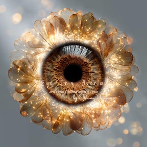 以下が含まれることがあります： 茶色の瞳孔に花のようなデザインを重ねたデジタルアート。花びらは薄茶色で、キラキラ光るライトが付いています。「Eye Iris Overlay」の文字が見えます。