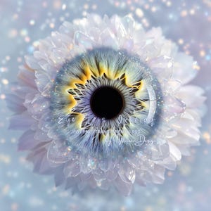 May include: A digital eye overlay with a floral design. The iris is a mix of blue, yellow, and black, surrounded by white petals. The text "Eye Iris Overlay" is visible, along with other text.