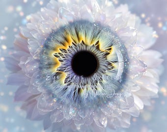 Superposición de ojo de iris PNG, ojo macro con fondo transparente, plantilla de iris con flor de cristal y purpurina blanca, maqueta de fácil inserción para Photoshop