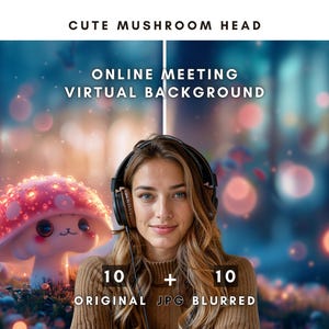 Può includere: Immagine di arte digitale con una donna con le cuffie, con uno sfondo sfocato di luci bokeh. Un simpatico personaggio a forma di fungo è a sinistra. Il testo recita "CUTE MUSHROOM HEAD" e "ONLINE MEETING VIRTUAL BACKGROUND".