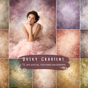 May include: A collection of 12 digital textured backdrops in various colors, including shades of brown, purple, and gold. The image features a woman in a pink dress and the text "Dusky Gradient".