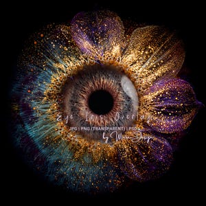Puede incluir: Obra de arte digital que presenta una superposición de ojos. El iris marrón y la pupila negra están rodeados de elementos dorados y morados con forma de pétalos. El texto "Eye Iris Overlay" es visible.