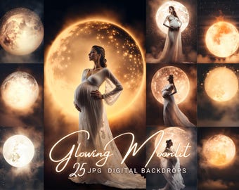 25 Glowing Moon Digital Backdrop Maternity Digital Background Full Moon Digital Photoshop Overlay Photography Backdrop Portrait Background