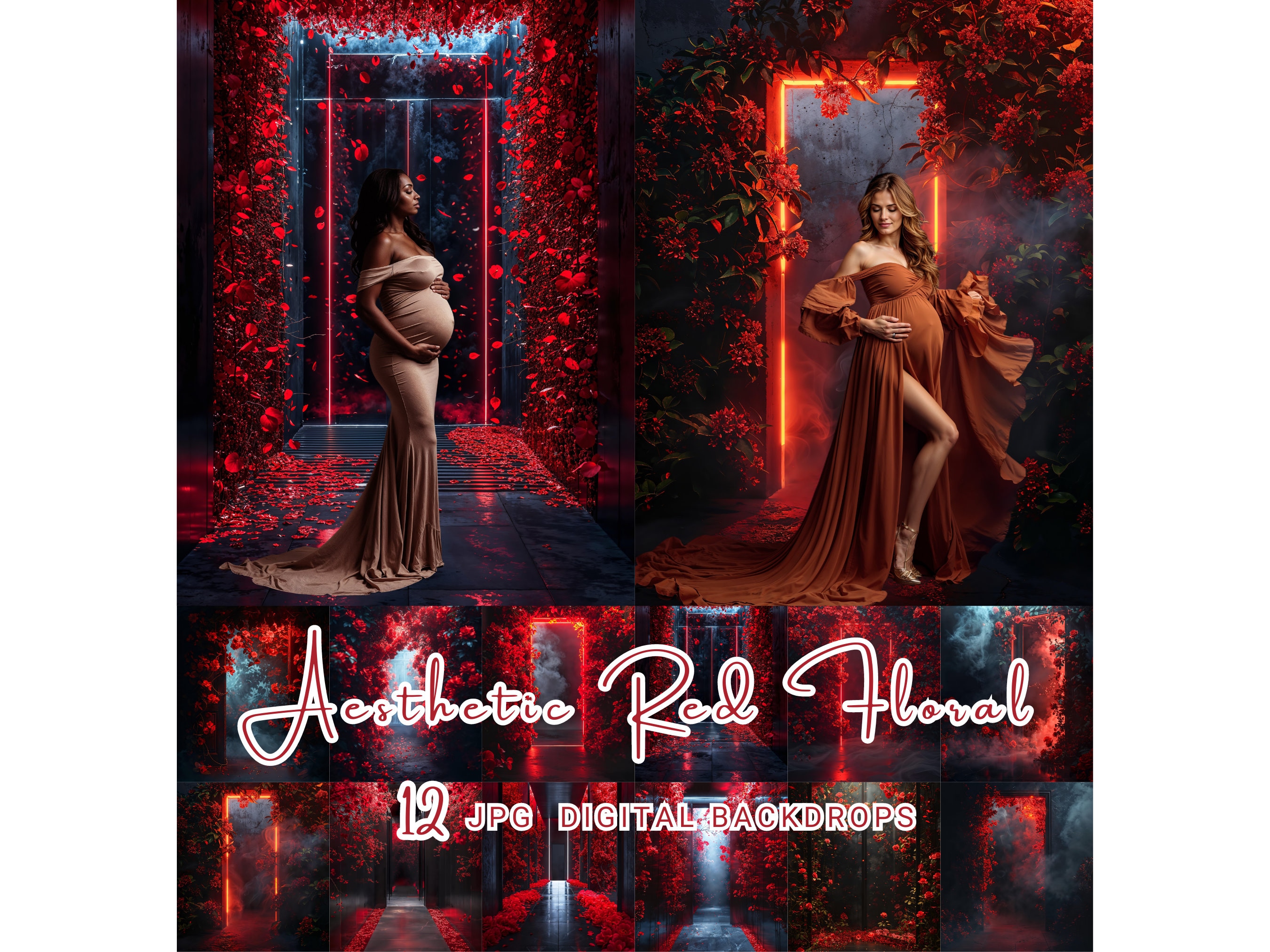 Red Floral Neon Frame Digital Backdrop – Dark Red Maternity Background, Portrait Photoshop Overlay, Fine Art Floral Composite