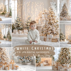 Op de afbeelding: Een collage van digitale achtergronden met kerstthema. De afbeeldingen tonen met sneeuw bedekte kerstbomen, ingepakte cadeaus en een kind in een witte trui. De tekst "WHITE CHRISTMAS" en "9 JPG DIGITAL BACKDROPS by Winna Design" zijn zichtbaar.