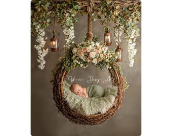 Floral Swing Newborn Digital Backdrop – Boho Nature Green Baby Photography Background, Fine Art Photoshop Composite