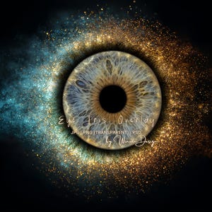 May include: A detailed eye iris overlay with a brown center and blue and tan outer ring. The image is surrounded by gold and teal glitter, with the text "Eye Iris Overlay" and file type information.