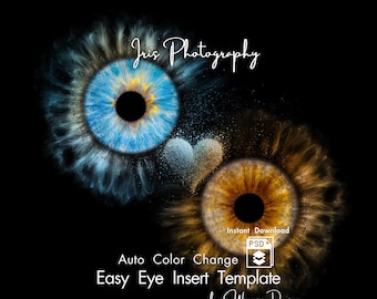 Duo Iris Photography PSD Auto Color Change Template, Auto Color Match Couple Eye Photography Mockup, Heart Shape Connected Floral Iris