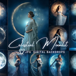 Op de afbeelding: Een set van 32 digitale achtergronden met hemelse manen en sterren in verschillende tinten blauw en wit. De achtergronden zijn perfect voor fotografen en grafisch ontwerpers die unieke en dromerige afbeeldingen willen maken.