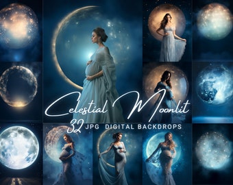 32 Celestial Moon Digital Backdrop Mutterschaft Digitaler Hintergrund Vollmond Digital Photoshop Overlay Fotografie Backdrop Portrait Hintergrund