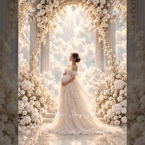 May include: A pregnant individual wearing a floor-length, off-the-shoulder cream gown with floral embellishments, standing between two stone columns adorned with white flowers, with a background of clouds and sunlight, featuring the text Women Design Art.