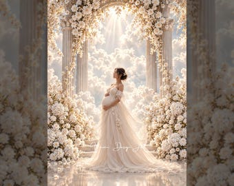 Heavenly Cloud Floral Maternity Digital Backdrop, Elegant Portrait Photography Background, Dreamy Photoshop JPG Overlay