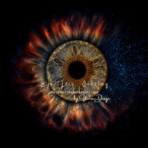 Könnte beinhalten: Digitales Kunstbild eines Augeniris-Overlays. Die Iris ist eine Mischung aus Braun-, Gold- und Blautönen, umgeben von feurigen orangefarbenen und blauen Akzenten. Der Text "Eye Iris Overlay" ist in einer Schreibschrift geschrieben.