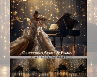 May include: A woman in a white gown plays a violin on a stage with a black grand piano. The stage is decorated with golden lights and falling confetti. The text "GLITTERING STAGE & PIANO 12 JPG DIGITAL BACKDROPS" is at the bottom of the image.