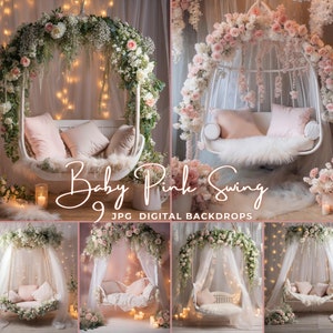 Pink Swing Newborn Digital Backdrop – Baby Photography Background Floral Swing Digital Overlay Fine Art Newborn Portrait Photoshop Composite