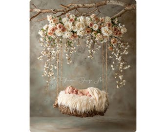 Digital Backdrop Floral Swing, Newborn Photography Background, Baby Portrait Photoshop Overlay Composite JPG File Digital Download