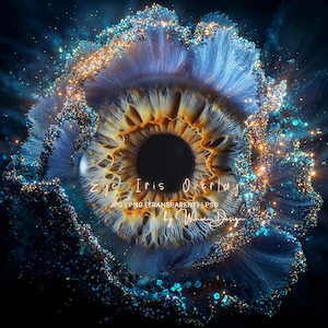 Puede incluir: Arte digital de una superposición del iris del ojo, que muestra un primer plano detallado del iris del ojo con tonos azules, dorados y marrones. La imagen incluye el texto "Eye Iris Overlay" y "by Winner Design."