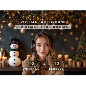 Könnte beinhalten: Eine Frau mit Kopfhörern sitzt vor einem virtuellen Hintergrund mit einem Schneemann und Weihnachtslichtern. Der Text "VIRTUAL BACKGROUND CHRISTMAS AND SNOWMAN" wird über dem Schneemann angezeigt. Der Text "10 ORIGINAL JPG + 10 BLURRED" wird unter dem Schneemann angezeigt.