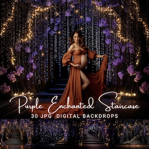 Purple Enchanted Staircase Digital Backdrop, Maternity Digital Background, Portrait Photoshoot Overlay Backdrop Photoshop Composition