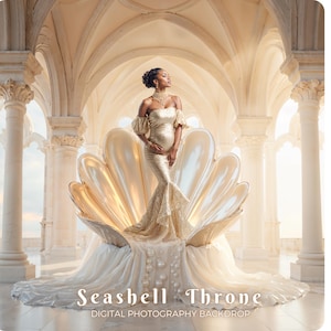 May include: A woman in a gold gown stands before a large, pearlescent seashell throne. The backdrop is a classical architectural setting with arched ceilings and columns. The image is labelled "Seashell Throne DIGITAL PHOTOGRAPHY BACKDROP."