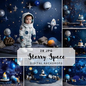 Starry Space Digital Photography Backdrop Galaxy Photography Background Cake Smash Photoshoot Backdrop Baby 1st Birthday Digital Background