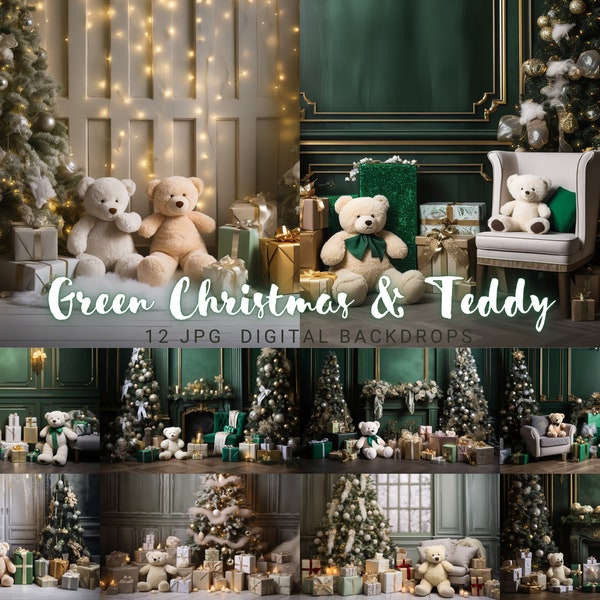 Green Christmas Photography Backdrop Teddy Bear Digital Background Christmas Backdrops Cake Smash Photography Digital Backdrop Overlay