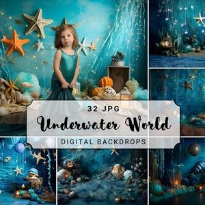 May include: A digital backdrop set featuring 32 underwater themed images. The images include a blue background with starfish, seashells, and other ocean-themed decorations. The text "32 JPG Underwater World DIGITAL BACKDROPS" is displayed on the image.