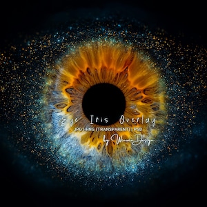 May include: A digital eye iris overlay with a detailed, close-up view. The iris features a blend of orange, yellow, and brown hues, with a dark pupil. The image is set against a dark blue background with sparkling accents. Text reads "Eye Iris Overlay".