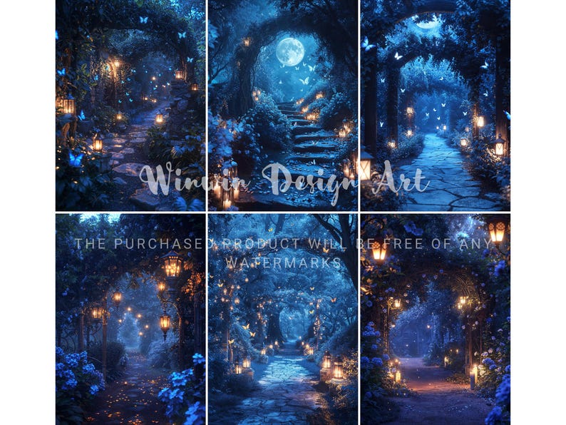 Moonlit Enchanted Garden Backdrop, Midnight Blue Photography Background ...