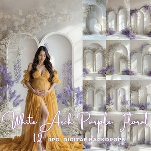 White Arch Digital Backdrop – Maternity Background, Purple Floral Digital Overlay, Fine Art Studio Photography Composite