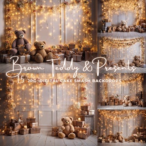 Teddy Cake Smash Photography Backdrop Floral Digital Backdrop for Baby Birthday Photography Smash Cake Background Overlay Composite