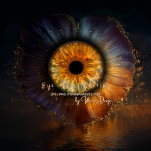 Puede incluir: Una superposición de iris de ojo con un iris marrón dorado detallado en el centro, rodeado por un diseño azul oscuro y dorado. La imagen incluye el texto "Eye Iris Overlay" y "by Winwin Design". El efecto general es artístico y etéreo.