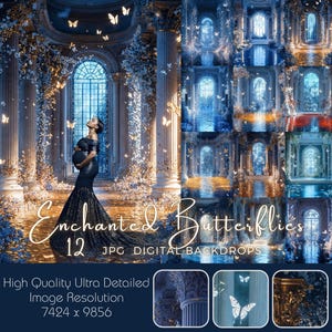 May include: A digital backdrop featuring a whimsical, enchanted palace setting with a woman in a blue dress and a large window. The backdrop is decorated with butterflies and has a blue and gold colour scheme. The text "Enchanted Butterflies 12 JPG DIGITAL BACKDROPS" is at the bottom of the image. The image resolution is 7424 x 9856.